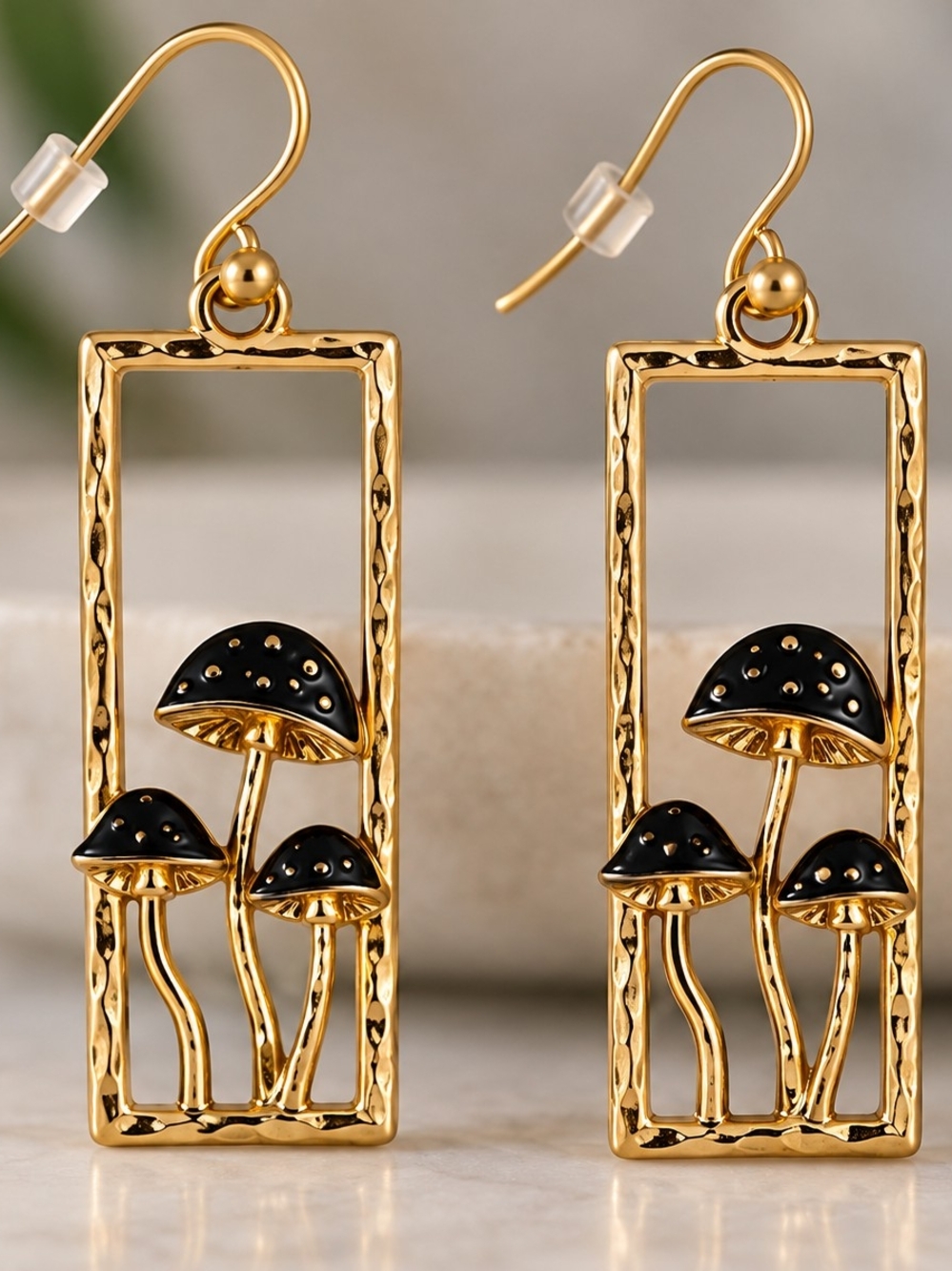 Gold and Black Mushroom Drop Dangle Earrings New